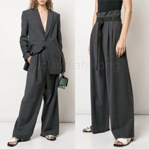 TIBI Stella Checked Wool Wide Leg Trouser Pants in Dark Grey